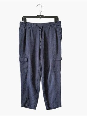 Old Navy Mid Rise Pinstriped Linen Cargo Pants Womens Size S Blue Elastic Waist